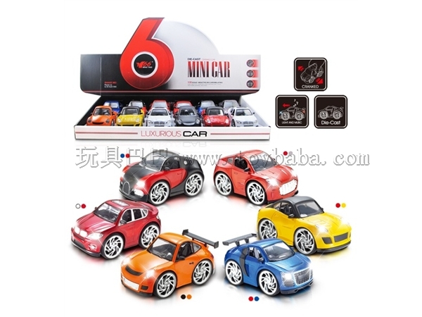 1: 28q alloy car with 6 types of induction, hand crank, light and music, mixed with 2 colors each