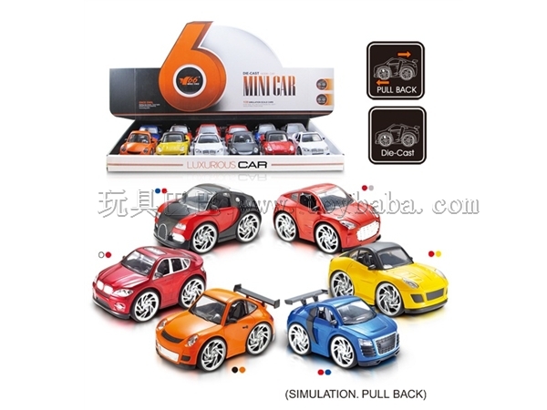 1: 28q alloy recoil car 6 models mixed with 2 colors each