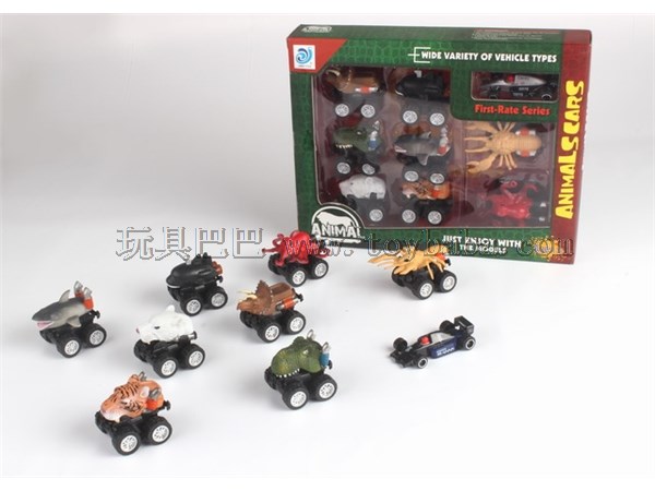 8 models / box of recoil animal car, equipped with 1 sliding alloy car