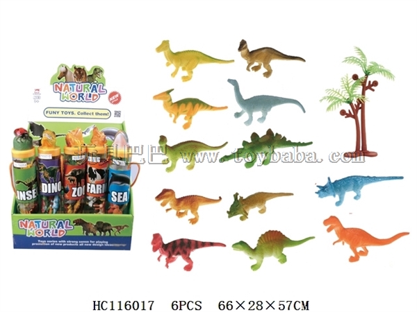 12 2.5-inch dinosaurs + 1 coconut tree (20 small cylinders / box, environmental protection)