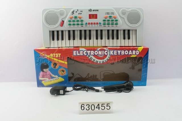 37 key keyboard with a microphone plugged into electricity