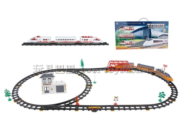 Electric rail train with overpass and waiting building (56pcs, with light)