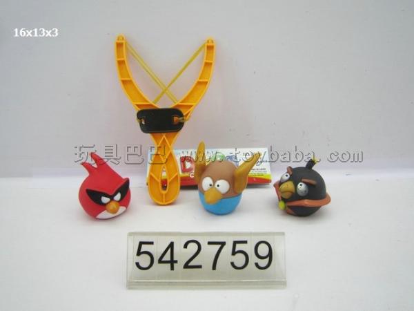 Three lining plastic version of angry birds space with a slingshot