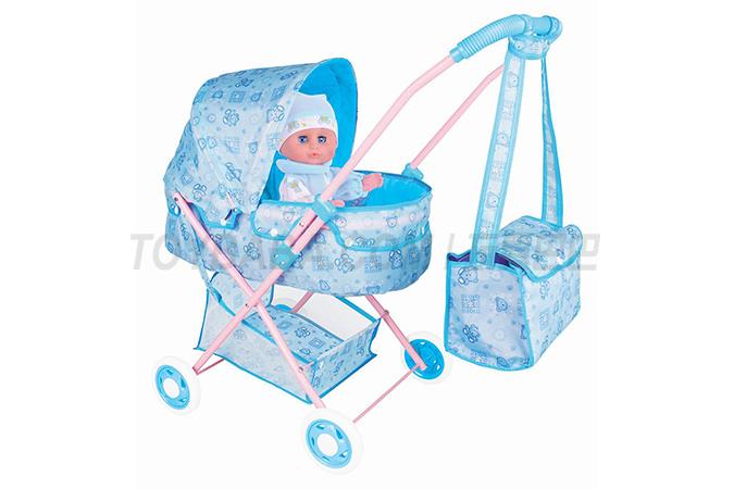 Baby sun shading trolley + storage basket + Handbag + 14 head doll (iron) EVA wheel