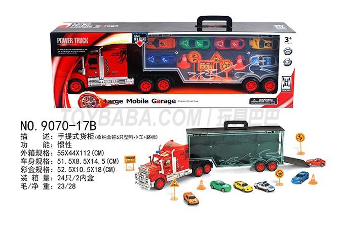 Portable container truck (6 plastic trolleys towed by storage box + road signs)