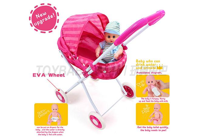 12 DOLL + baby sun shading trolley (Doll drinking water and urinating, matching with milk bottle, toilet and diaper) upg