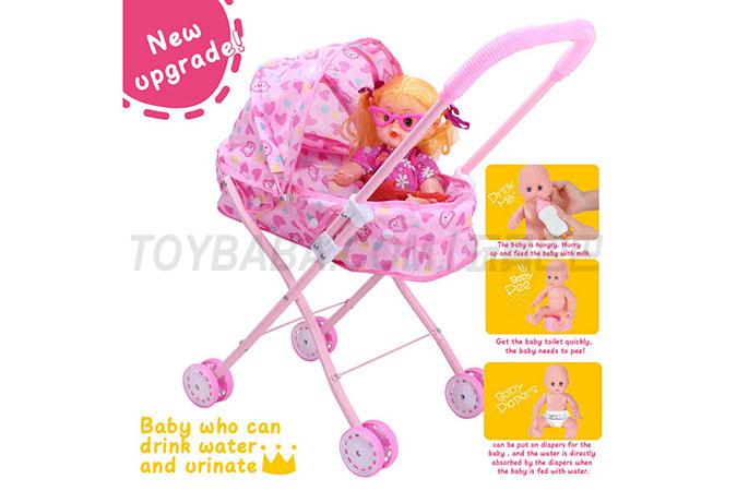 14 DOLL + baby sun shading trolley (Doll drinking water and urinating, matching with milk bottle, toilet and diaper) upg