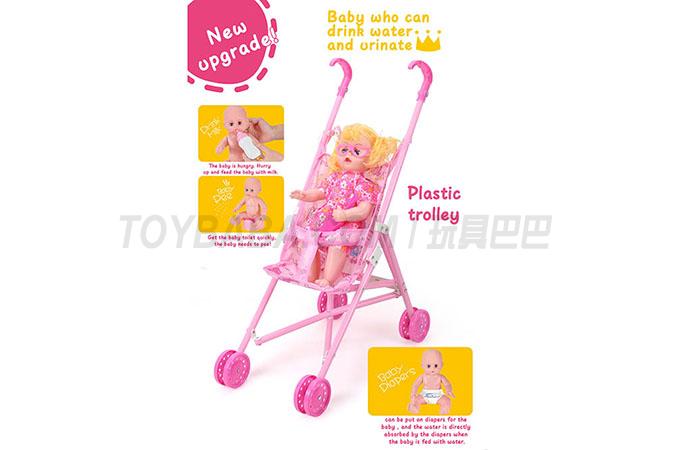 Plastic baby stroller + 12 dolls (dolls drink water and urinate, with milk bottles, toilets and diapers) upgraded versio