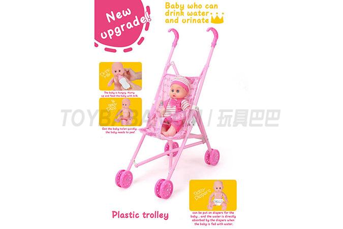 Baby stroller + 12 dolls (plastic) (dolls drink water and urinate, with milk bottles, toilets and diapers) upgraded vers