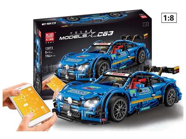 App version small particle assembled remote control building block 1:18 Mercedes Benz amgc63 with light, (blue, 1989 / P