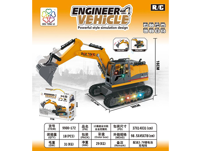 12 way alloy remote control stunt engineering vehicle (excavator, equipped with 3.7V rechargeable battery and USB chargi