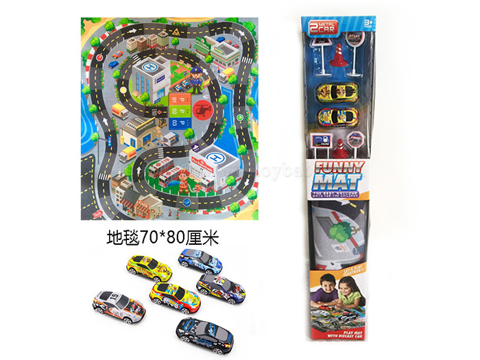 Racing scene cloth carpet track Toys 2 alloy racing cars + road signs