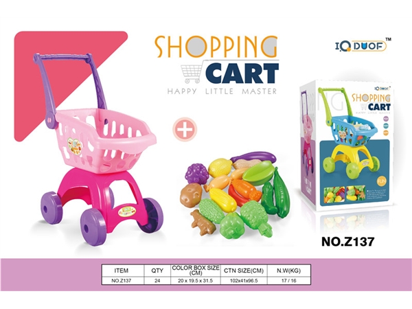 Pink shopping cart + non cutting fruit toys
