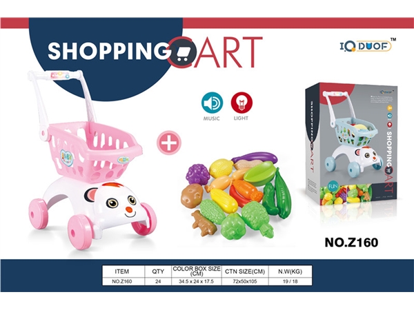 Acousto optic pink dog head shopping cart + non cutting fruit toys