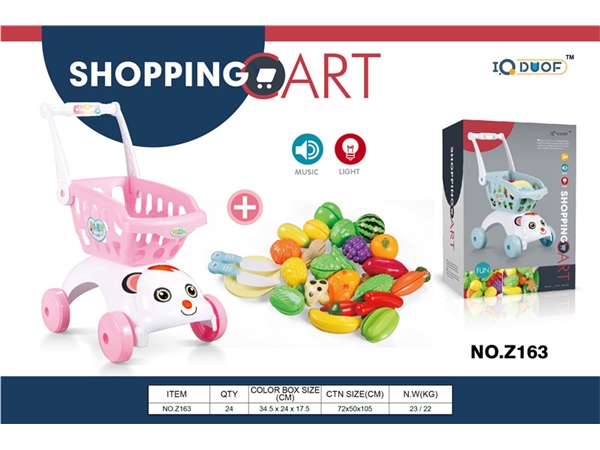 Acousto optic pink dog head shopping cart + cutable fruit toys
