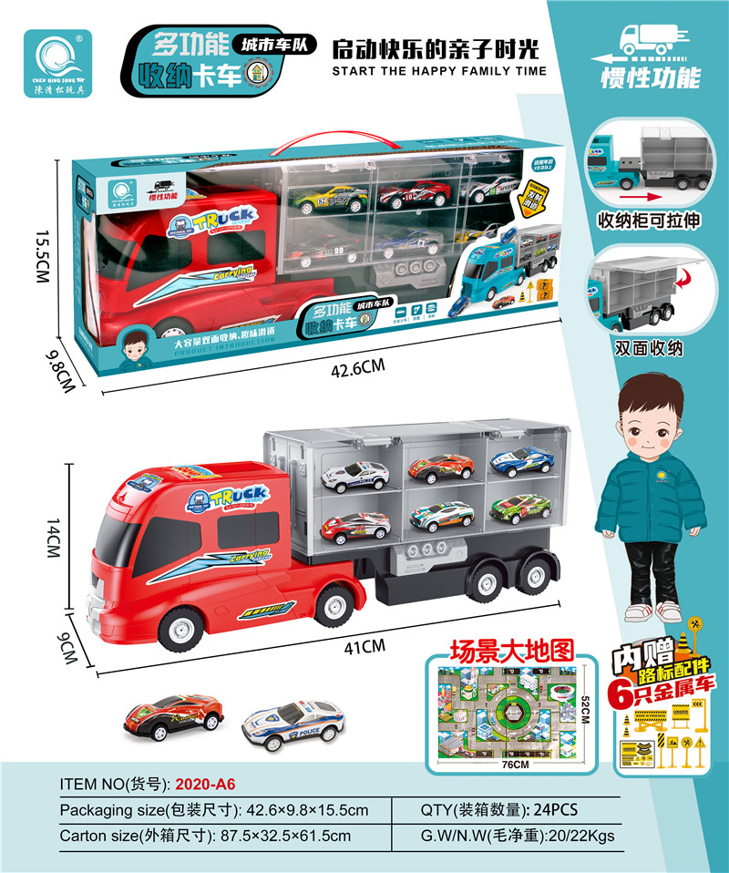 Inertia fire fighting storage truck (with 6 tin cars + maps + road signs)