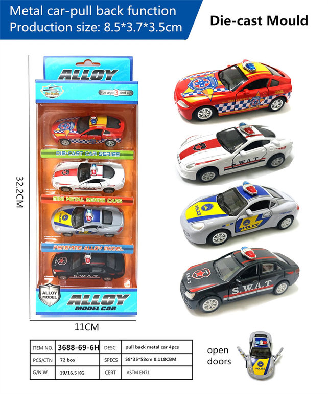 4metalpolicecars,2doorsopen,pullback