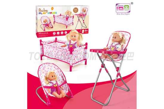 婴儿玩具组合三件套（床，餐椅，摇椅）+14IC公仔