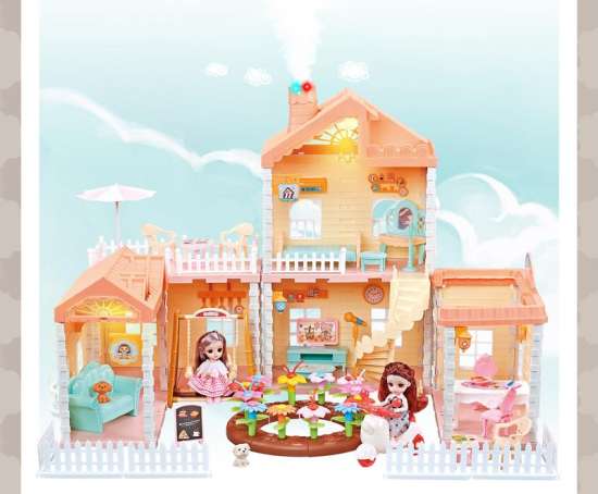 女孩过家家玩具自装别墅屋屋顶带灯光，烟囱带喷雾和灯光+4.5寸关节娃娃2只