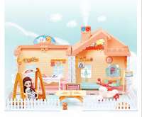 自装别墅屋玩具屋顶带灯光烟囱带喷雾和灯光+4.5寸关节娃娃1只女孩过家家玩具