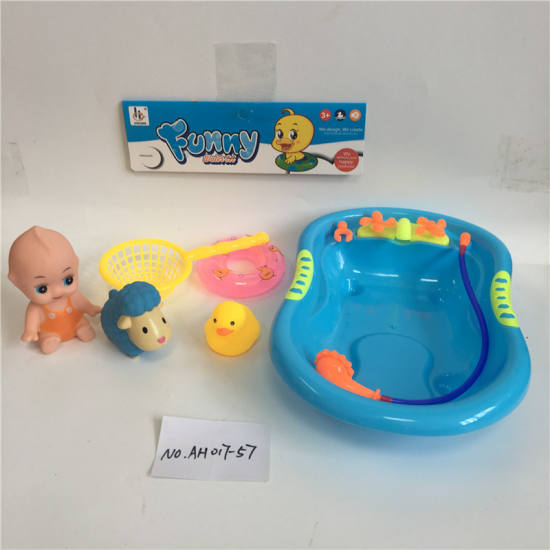 2只喷水动物+婴童+泳圈+鱼捞大浴池搪胶玩具