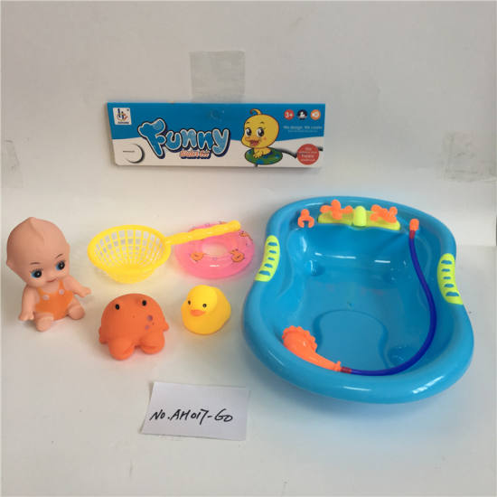 2只喷水动物+婴童+泳圈+鱼捞大浴池搪胶玩具